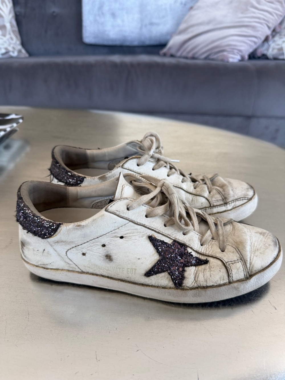 Golden Goose White Leather Sneakers with Dark Navy Glitter Star